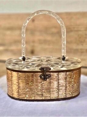 Vintage 1950s Lucite Box Purse, Gold Sparkle Confetti Tinsel Clear Diamond Lid
